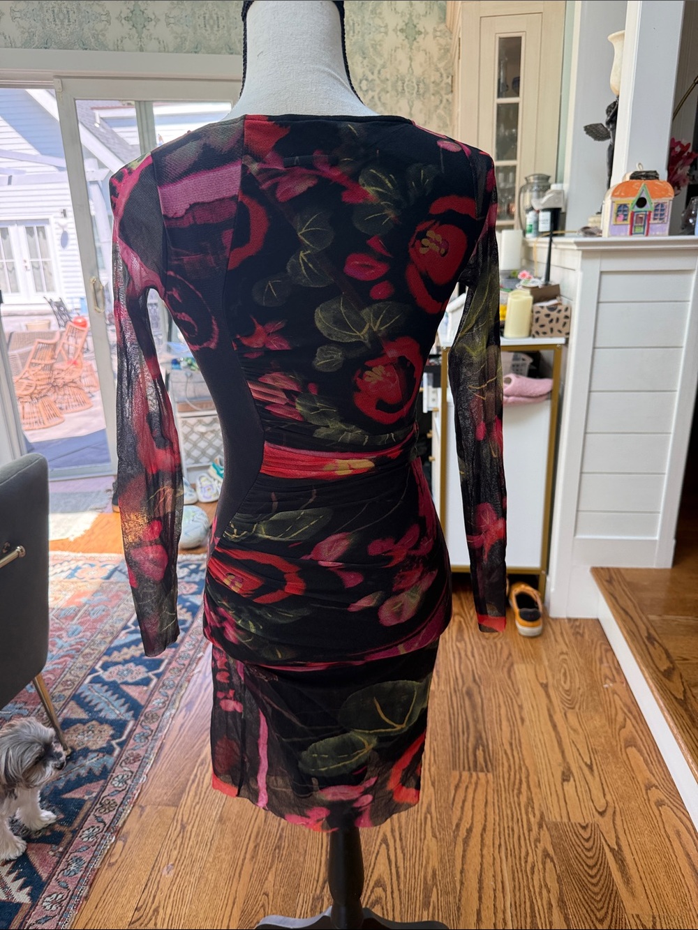 Jean Paul Gaultier Black Sheer Long-Sleeve Dress with Red and Green Floral Print - Picture 3 of 7
